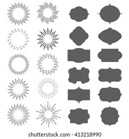 hand drawn sunbursts and frame, vector illustration, graphic design, collection set