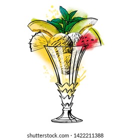 Hand drawn sundae whipped cream Illustration with fruits and berries. Watercolor vector illustration.