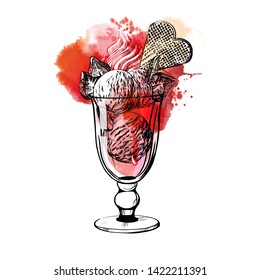 Hand drawn sundae whipped cream Illustration with fruits and berries. Watercolor vector illustration.