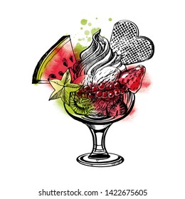 Hand drawn sundae whipped cream Illustration with fruits and berries. Watercolor and sketch vector 