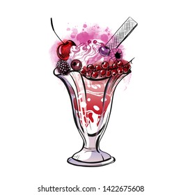 Hand drawn sundae whipped cream Illustration with fruits and berries. Watercolor and sketch vector 