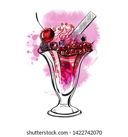 Hand drawn sundae whipped cream Illustration with fruits and berries. Watercolor and sketch vector illustration.