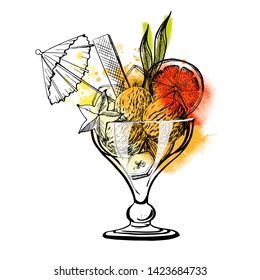 Hand drawn sundae whipped cream Illustration with fruits and berries. Watercolor and sketch vector 