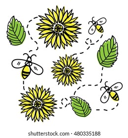 Hand Drawn Sunflower and Bee