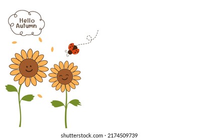 Hand drawn sunflower cartoons with ladybird and bubble speech sign isolated on white background vector illustration. Hello Autumn.