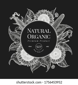 Hand drawn sunflower design template. Vector farm plants illustrations on chalk board. Vintage natural background
