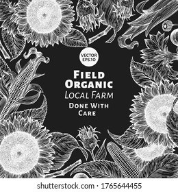 Hand drawn sunflower design template. Vector farm plants illustrations on chalk board. Vintage natural background