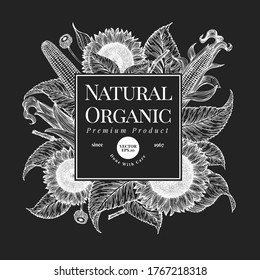 Hand drawn sunflower design template. Vector farm plants illustrations on chalk board. Vintage natural background