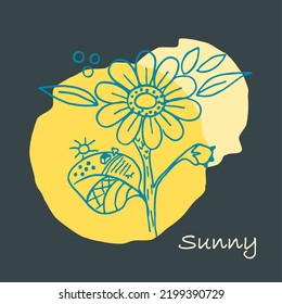 Hand drawn sunflower graphical logo for post card, t-shirt, advertising. Sunny. Safety, protection, calm, optomistic, home symbol. Line art.