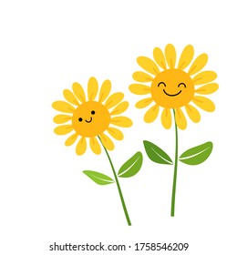 Hand drawn sunflower with green leaves isolated on white background vector illustration. Cute cartoon character.