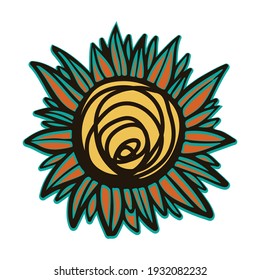 Hand drawn sunflower illustration for tattoo, pattern, poster. Multilayered mandala