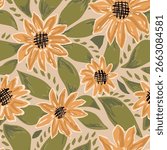 Hand drawn sunflower and leaves summer seamless pattern. Cute autumn floral repeat background, fall garden harvest wallpaper. Vector botanical design, organic textile, fabric, print, wrap paper.