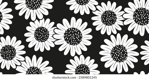 Hand drawn sunflower pattern in monochrome color. Black and white sunflower doodle pattern. Design for fabric, textile, covers, gift wrap, wallpaper.