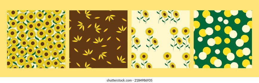 Hand drawn sunflower seamless pattern set.