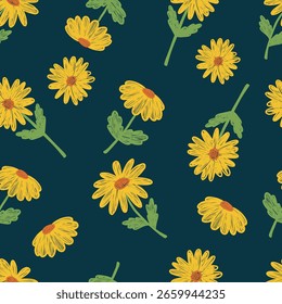 Dibujado a mano patrón de girasol sin fisuras sobre fondo azul oscuro. Doodle patrón de girasol para tela, Fondo de pantalla, textil, papel de embalaje.