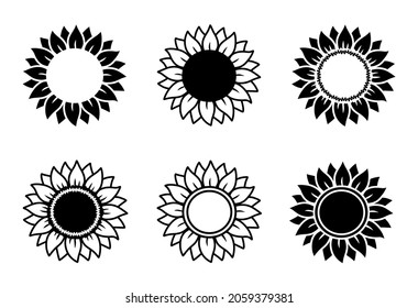 Handgezeichneter Sonnenblumensatz mit schwarzen, einfachen Symbolen abstrakter Blumen-Silhouetten