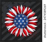Hand drawn sunflower with USA flag 4th of July American independence day, Veterans day, memorial day