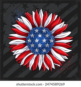 Hand drawn sunflower with USA flag 4th of July American independence day, Veterans day, memorial day