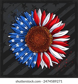 Hand drawn sunflower with USA flag 4th of July American independence day, Veterans day, memorial day