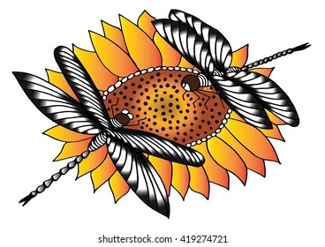 Hand drawn of sunflowers and dragonfly illustration