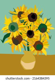 Hand drawn sunflowers greeting cards. Sunflowers of Van Gogh, vector illustration