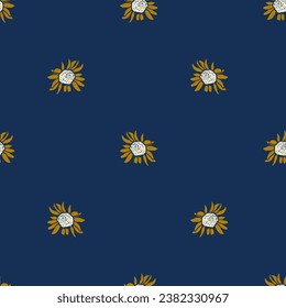 Hand drawn sunflowers in a repeat pattern in gold, red and blue