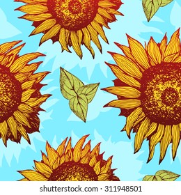 Hand drawn sunflowers. Sketch of a flower with a stem and leaves. For advertising, design, packaging. The pattern with sunflowers.