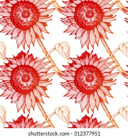 Hand drawn sunflowers. Sketch of a flower with a stem and leaves. For advertising, design, packaging. The pattern with sunflowers.