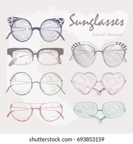 Hand drawn sunglasses. Colored graphic vector set. Retro style. All elements are isolated