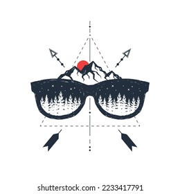 Hand drawn sunglasses frame textured vector illustration. Double exposure with sunset, pine forest, mountain range, and crossed arrows. Geometric style.
