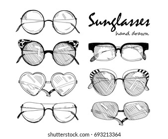 Hand Drawn Sunglasses. Graphic Vector Set. All Objects Are Isolated