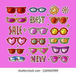 Hand drawn sunglasses illustration. Lettering with doodle style cliparts.