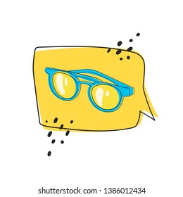 Hand drawn sunglasses on the comic bubble background. Colorful trendy sticker,