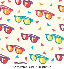 Hand drawn sunglasses pattern with geometric elements. Colorful  summer background. Vector seamless pattern.