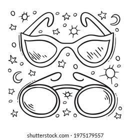 Hand drawn sunglasses set doodle icon. Hand drawn black sketch. Sign cartoon symbol. Decoration element. White background. Isolated. Flat design. Vector illustration.