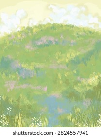 Hand Drawn Sunny Grassy Hill Wildflower Meadow Cloud Vector Background Illustration
