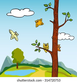 Hand drawn sunny summer landscape with forest scenery with a lake, meadow, mountains and cute flying owls.