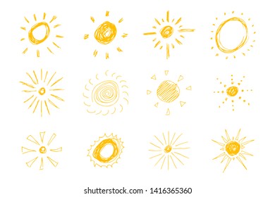 Hand drawn suns. Big set of simple sketch suns. Solar symbol. Yellow  doodle isolated on white background. Vector illustration.