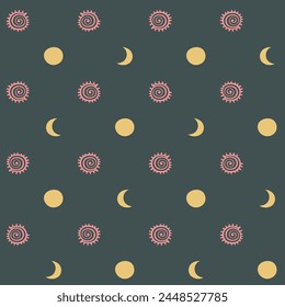 hand drawn suns and moons. aztec motifs. vector seamless pattern. pink, yellow, blue repetitive background. folk decorative art. fabric swatch. wrapping paper. design template for textile, home decor
