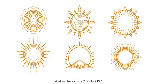 Hand drawn suns rays of light engraved in old vintage style. Solar power and waves. Ecology symbol of reusable energy sunbeams