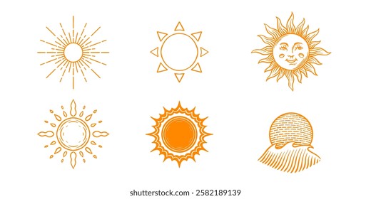 Hand drawn suns rays of light engraved in old vintage style. Solar power and waves. Ecology symbol of reusable energy sunbeams