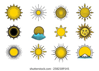 Hand drawn suns rays of light engraved in old vintage style. Solar power and waves. Ecology symbol of reusable energy sunbeams