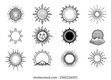 Hand drawn suns rays of light engraved in old vintage style. Solar power and waves. Ecology symbol of reusable energy sunbeams