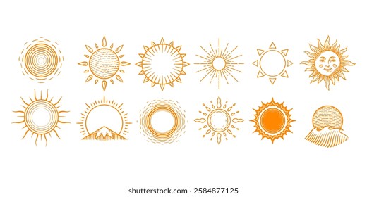 Hand drawn suns rays of light engraved in old vintage style. Solar power and waves. Ecology symbol of reusable energy sunbeams