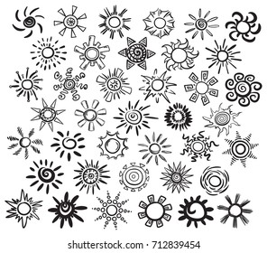 Hand drawn suns set of different shapes and forms in monochrome style isolated vector illustration
