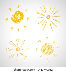 Hand drawn suns. Set of four simple sketch suns. Solar symbol. Yellow  doodle isolated on white background. Vector illustration.