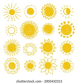 Hand drawn suns. Sun icon. Stylized sun. Vector Illustration.