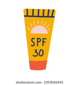 Hand drawn sunscreen. SPF cream. SPF 30. sunblock. White isolated background. Vector illustration.