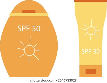 Protetor solar desenhado à mão. Creme SPF. FPS 30. Protetor solar. Proteção para a pele. Ilustração de vetor desenhada à mão.