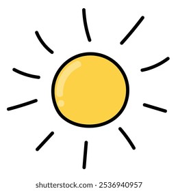 Hand drawn sunshine icon in cartoon style. Doodle weather element with outline isolated on white background for baby and kids design. Vector illustration